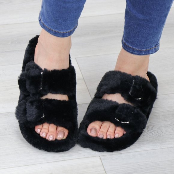 Shoes - Black Puff Fuzzy Fluffy Slip On Plush Slippers Double Strap
